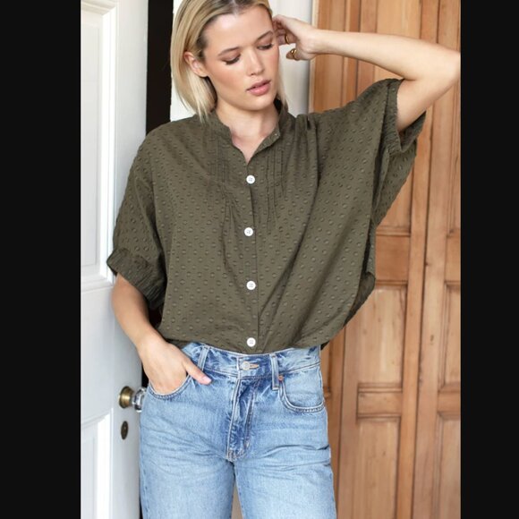 Emerson Fry Mandarin Collar Top in Swiss Dot in Moss | OS - Picture 3 of 9